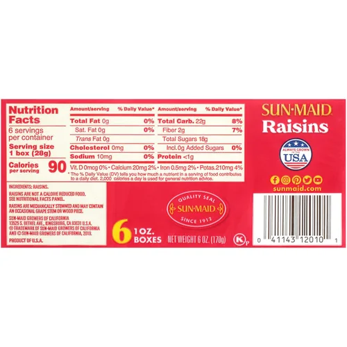 Vista 5 de Sun-Maid Pasas sin semillas, aperitivos para llevar, 1 oz, 6 unidades, paquete de 3, (18 paquetes en total)