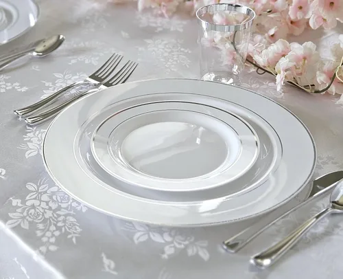 Vista 6 de Platos de plástico desechables Occasions para fiestas de boda (120 unidades), plateado, blanco (White / Silver Rim)