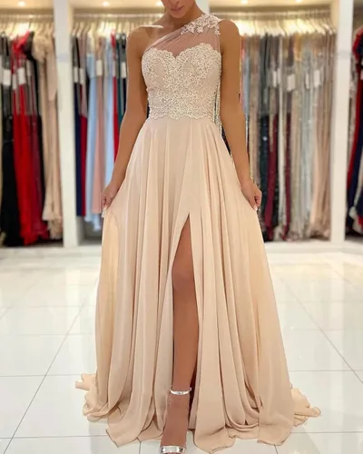Vista 4 de Vestidos de dama de honor para boda, vestido de noche formal de un hombro con encaje acampanado y bolsillos