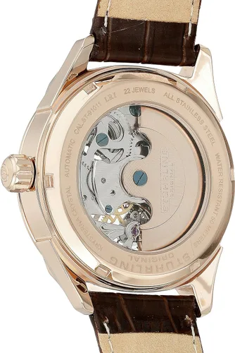 Vista 2 de Stuhrling Original Reloj automático Delphi automático con correa de cuero marrón AMPM para hombre 657.04, MarrónPlateado, Moderno