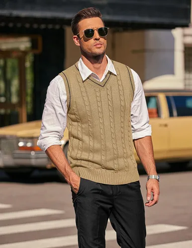 Vista 4 de COOFANDY Suéter para hombre, cuello en V, ajustado, casual, sin mangas, tejido trenzado