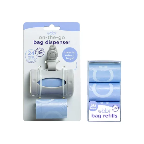 Vista 4 de Ubbi Dispensador de bolsas grises para llevar y bolsas de eliminación de residuos, dispensador de toallitas para bebés con aroma a lavanda