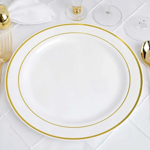 Vista 12 de Efavormart - Paquete de 50 platos redondos de postre de plástico Très Chic de 6 pulgadas con borde dorado
