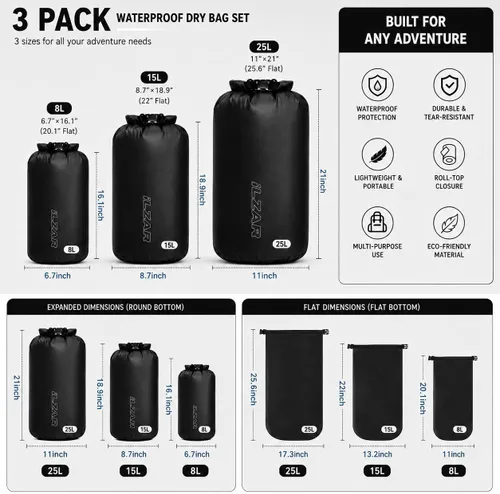 Vista 4 de 3 bolsas secas impermeables, 8L 15L 25L fondo redondo conjunto