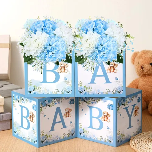 Vista 2 de Bucherry - 6 cajas de centro de mesa de baby shower con letras de "bebé", cajas de flores, decoración de mesas para baby shower, cumpleaños, Azul