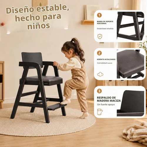Vista 5 de Silla de comedor de madera para niños pequeños con asiento Negro