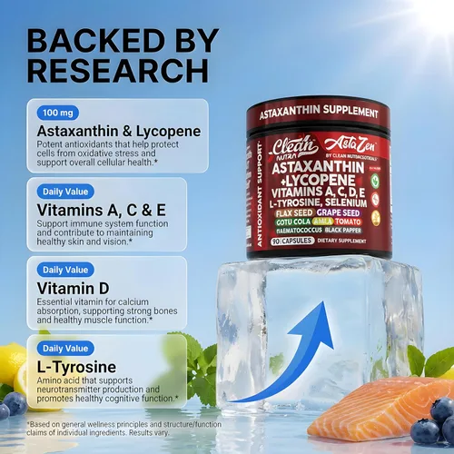 Vista 3 de Clean Nutra Astaxantina Suplemento de licopeno de 12 mg con vitamina A C D3 E, L-tirosina, selenio, lino, semilla de uva, gotu kola, amla, pimienta