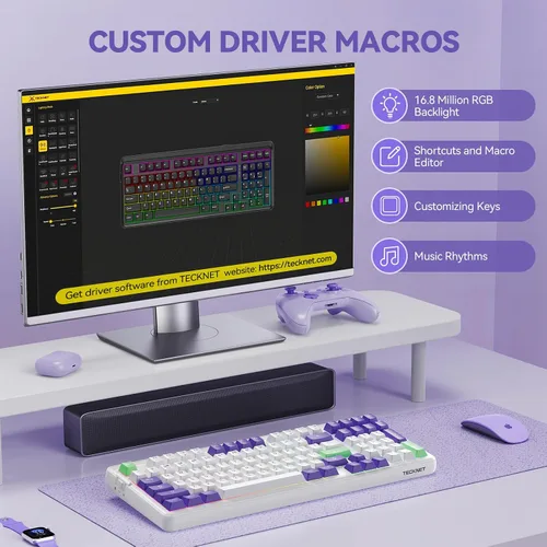 Vista 8 de TECKNET Teclado mecánico para juegos, intercambiable en caliente con interruptores de cielo, triple modo Bluetooth2.4GHzUSB-C, teclado cremoso