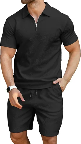 Vista 2 de KUYIGO Conjunto de camisa polo y pantalones cortos para hombre, trajes de verano a la moda, casual, de manga corta, traje de 2 piezas para hombre