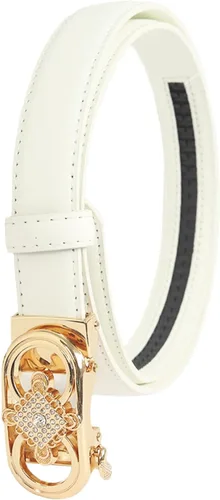 Vista 305 de Cinturón de cuero clásico con hebilla de metal para mujer con vestido de jeans