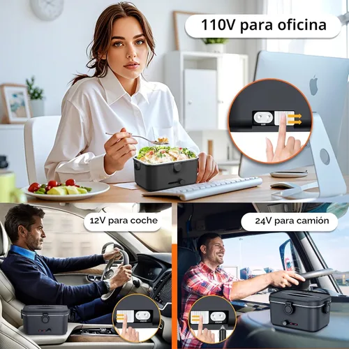 Vista 5 de Lonchera eléctrica con calefacción para adultos, calentador de alimentos portátil de 80W con contenedor de acero inoxidable de 1.8L, cubiertos