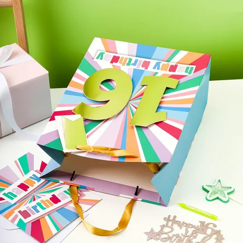 Vista 7 de WRAPAHOLIC Bolsa de regalo de cumpleaños grande de 13 pulgadas con tarjeta y papel de seda - 16 cumpleaños Feliz cumpleaños número 16