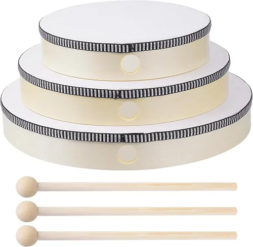 Vista 8 de Nydotd 3 piezas de tambor de mano de percusión de madera con barra de tambor de 12 pulgadas, 10 pulgadas, 8 pulgadas, instrumentos de percusión