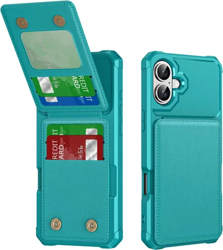 Vista 28 de Dteck Funda para iPhone 16 de 6.1 pulgadas 2024, funda de piel sintética con cierre de botón magnético, ranuras para tarjetas de crédito, función