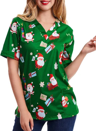 Vista 5 de Camiseta de manga corta con cuello en V para mujer, diseño de Navidad, color verde Navidad