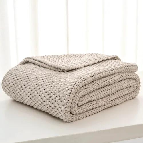 Vista 4 de Manta de punto gruesa de cable beige ligera 100% algodón orgánico para sofá, sofá cama, bebé, guardería, rústico, shabby chic, moderno, granja, 51
