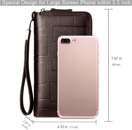 Vista 3 de Bolso de mano para hombre, bolso de cuero genuino con cremallera, cartera larga para negocios, bolso de mano grande