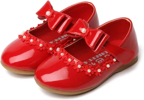 Vista 2 de Zapatos sin cordones para niñas pequeñas, zapatos de cuero pequeños, zapatos individuales, zapatos de baile para niños (rojo, 12-18 meses)