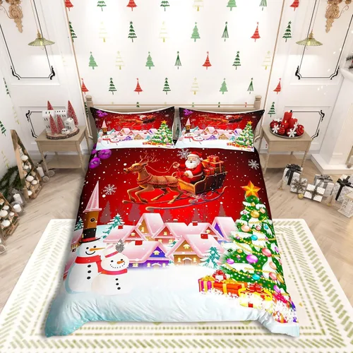 Vista 41 de Juego de funda de edredón con diseño de ciervo de cabaña, tamaño twin, juego de ropa de cama rústica de tablón de madera de árbol de Navidad