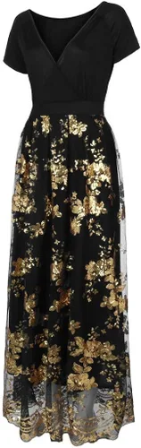 Vista 5 de Vestido de malla de manga corta para mujer, floral, para fiesta, noche, con lentejuelas, cuello en V, talla grande, vestidos de corbata para mujer