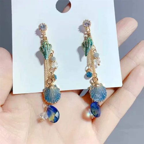 Vista 6 de Damleng - Pendientes largos con borla y concha de océano brillantes para mujer y niña