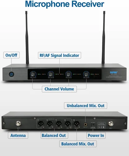 Vista 4 de SGPRO SG-400F Sistema de micrófono inalámbrico de frecuencia fija de 4 canales Alcance de 250 pies, micrófonos y receptor de metal, micrófonos