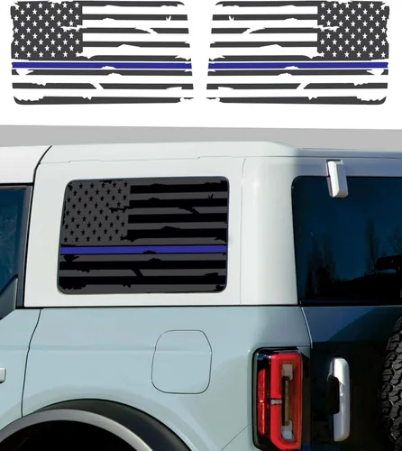 Vista 8 de Compatible con Ford Bronco (4 puertas) 2021-2023 Calcomanías precortadas para ventana de la bandera estadounidense ambos lados Fabricado