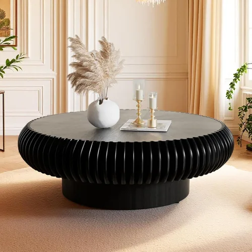 Vista 10 de Mesa de centro redonda de tambor estriado para sala de estar, mesas de centro modernas de mediados de siglo con pedestal resistente, mesa de té negro