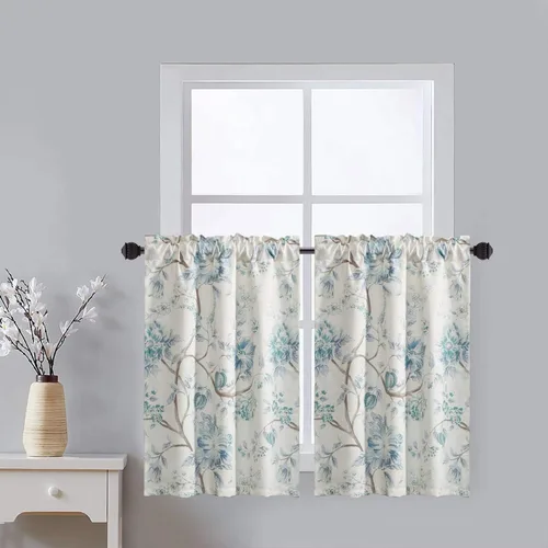 Vista 33 de Leeva Cortinas rústicas de cocina con estampado floral verde mezclado de lino para media ventana, para comedor, bolsillo para barra, cafetería