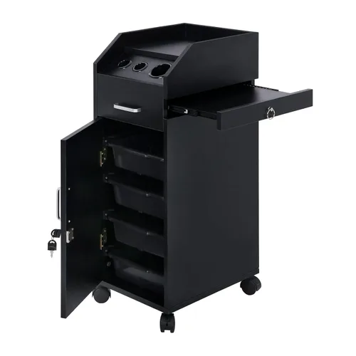 Vista 9 de Winado Carrito de almacenamiento de peluquería con ruedas y 3 soportes para secador de pelo, 4 cajones y cerradura y 2 llaves, estación de Negro