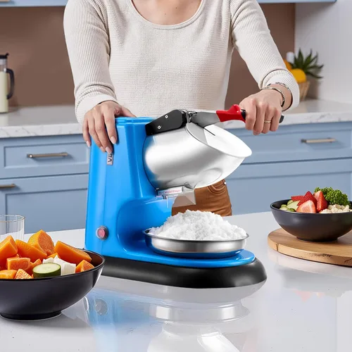 Vista 8 de VEVOR Máquina trituradora de hielo, 220 libras por hora, máquina eléctrica de cono de nieve de 4 cuchillas, máquina de hielo afeitado de acero Azul