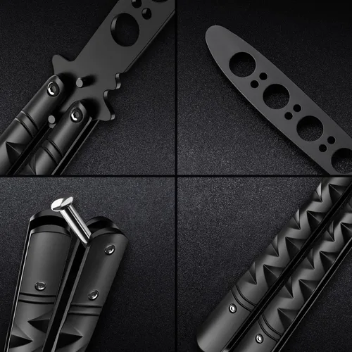 Vista 6 de GOOD WORKER Cuchillo Mariposa - Entrenador Balisong - Entrenador de Mariposa de Práctica Negro con Pestillo de Resorte Seguro - Cuchillos Balisong