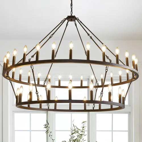 Vista 26 de Candelabro de granja de plata, lámpara de 12 luces con ruedas de carro, accesorio de luz para comedor, lámparas rústicas de isla de cocina GHDFGD-10