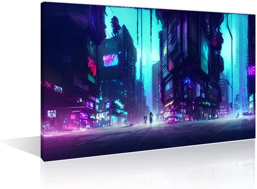 Vista 22 de 1 panel de cuadros de la ciudad de Cyberpunk, arte de pared, representación de vallas publicitarias, edificios modernos en la capital con obras