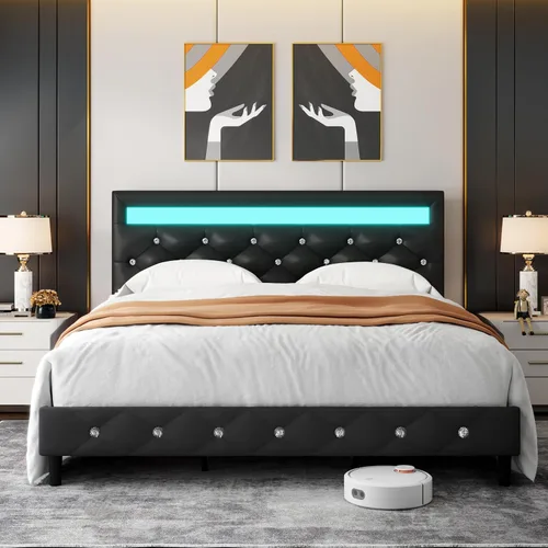 Vista 3 de TTVIEW Base de cama Queen con luces LED, marco de cama de plataforma de cuero con cabecera tapizada ajustable, luces LED de control de aplicación