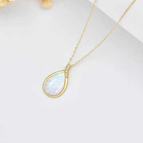 Vista 3 de YDD Collar de ópalo blanco de oro macizo de 14 quilates para mujer, delicado colgante de lágrima con ópalo con diamante genuino, piedra natal