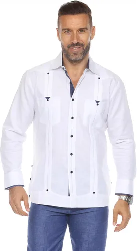 Vista 3 de Mojito Collection Camisa de guayabera 100% lino para hombre de manga larga con acento estampado