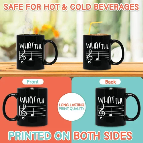 Vista 3 de Taza de café musical de 11 onzas, con texto en inglés "What The F Funny Note Sayings", regalo único para profesores musicales, amantes de la música