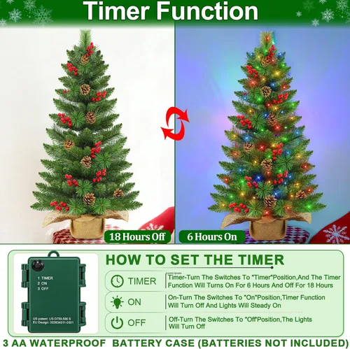 Vista 4 de Árbol de Navidad artificial pequeño de 3 pies con luces, mini temporizador