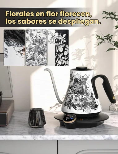 Vista 4 de Cocinare Hervidor eléctrico de cuello de cisne, control preciso de temperatura de ±0.5 °F, calentamiento rápido de 1500 W, café y té, acero Blossom