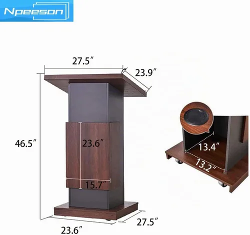 Vista 7 de Atril portátil con ruedas de bloqueo y soporte de micrófono ajustable, mesa de podio de madera para sala de conferencias, escritorio de podio