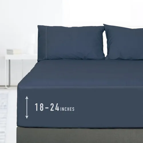 Vista 22 de Sunflower Sábana Bajera Ajustable Individual, Sábana Bajera Ajustable de 1 Pieza con Bolsillo Profundo de 15", 100% Algodón Satén Suave Azul Indigo