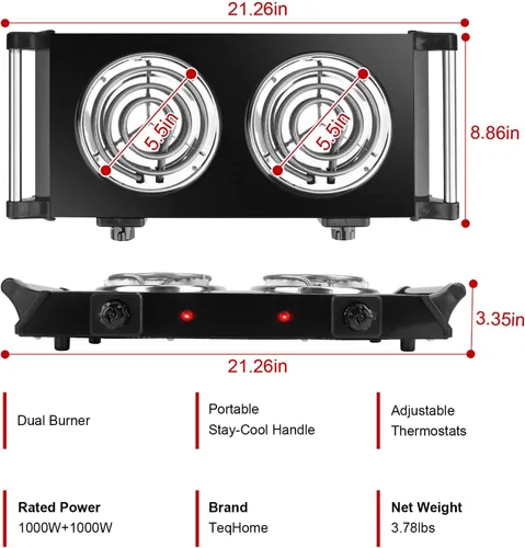 Vista 6 de Placa caliente de 2000 W, estufa eléctrica portátil para encimera, quemadores de bobina doble con control de temperatura de 5 niveles y asas que se