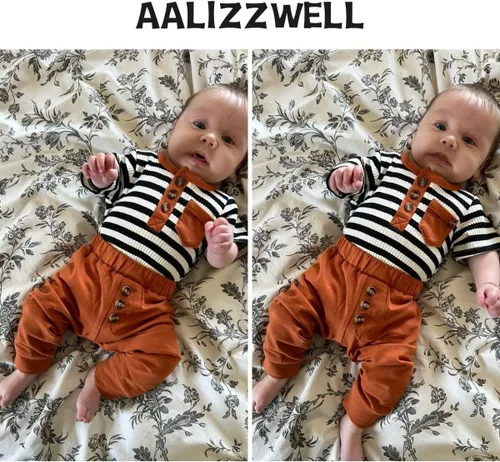 Vista 4 de Aalizzwell Traje de verano a rayas para bebés recién nacidos
