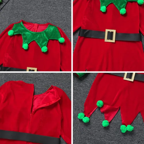 Vista 6 de IMEKIS Disfraz de elfo de Papá Noel para niñas, vestido de Halloween con sombrero de elfo, cosplay, Navidad, vacaciones, medias para niños, 3-13T