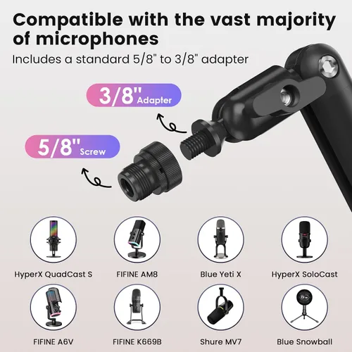 Vista 2 de Brazo de micrófono ajustable para micrófonos ligeros, soporte de escritorio giratorio de 30 pulgadas con gestión de cables y hilos de 3/8 pulgadas