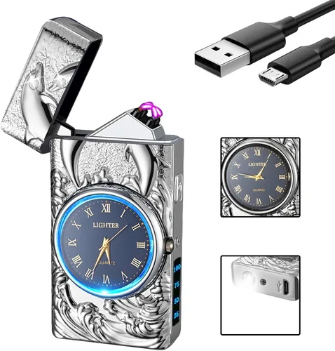 Vista 9 de GADATOP Encendedor eléctrico recargable a prueba de viento, encendedor de plasma con alivio de delfines 3D, reloj integrado con luz LED para uso