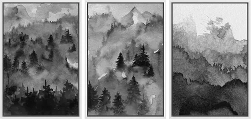 Vista 11 de NWT Lienzo enmarcado para pared, juego de arte en acuarela pastel, bosque de montaña oscura, naturaleza silvestre, ilustraciones de arte moderno