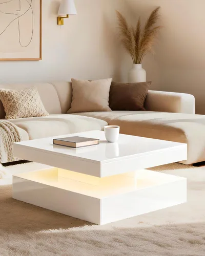Vista 12 de FKWin Mesas de centro negras para sala de estar, mesa de centro LED con luces, moderna mesa de centro negra con superficie de alto brillo, mesa