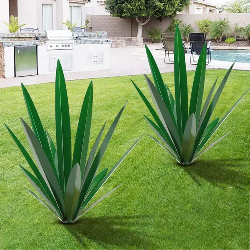 Vista 8 de TOMBABY Planta de agave de metal grueso de hoja grande, decoración al aire libre, patio del desierto, planta de arte, decoración de jardín, arte